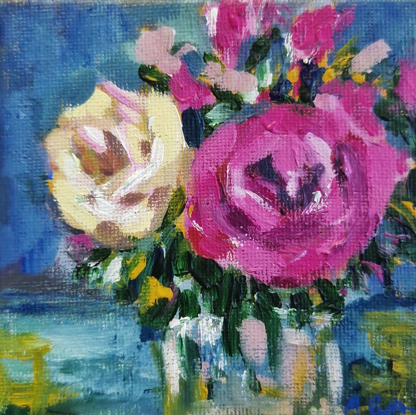 Roses in vase mini painting on easel.