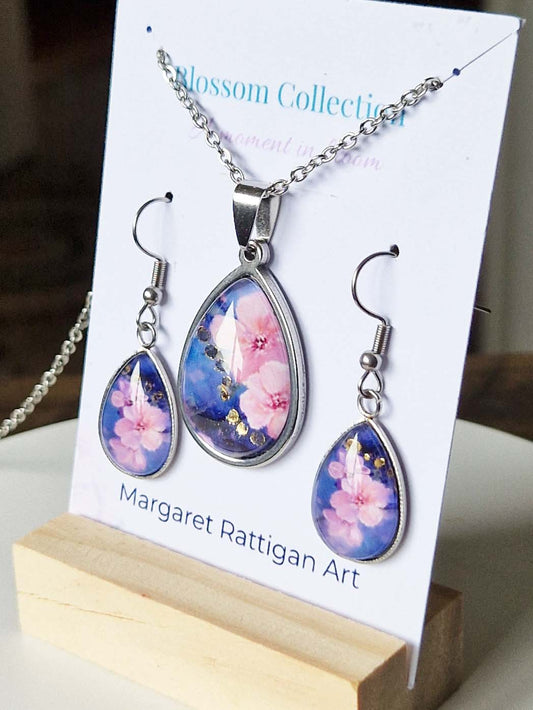 Spring Blossom Art Pendant and Teardrop Earring Set