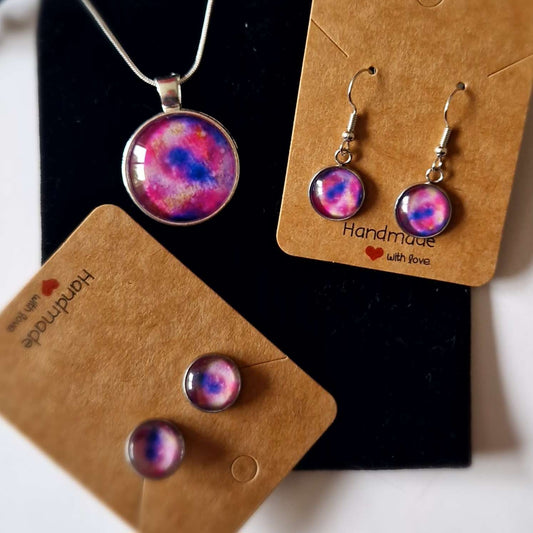 purple moon glass pendant and earrings; fine art jewellery