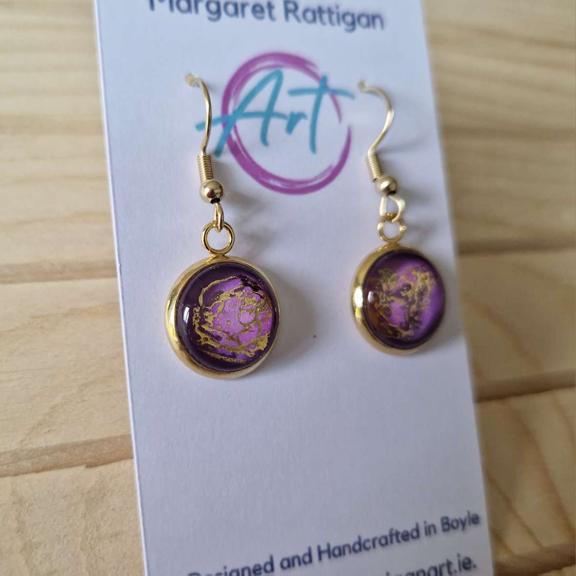 Purple gold Art dangle Earrings, 18ct gold plated.