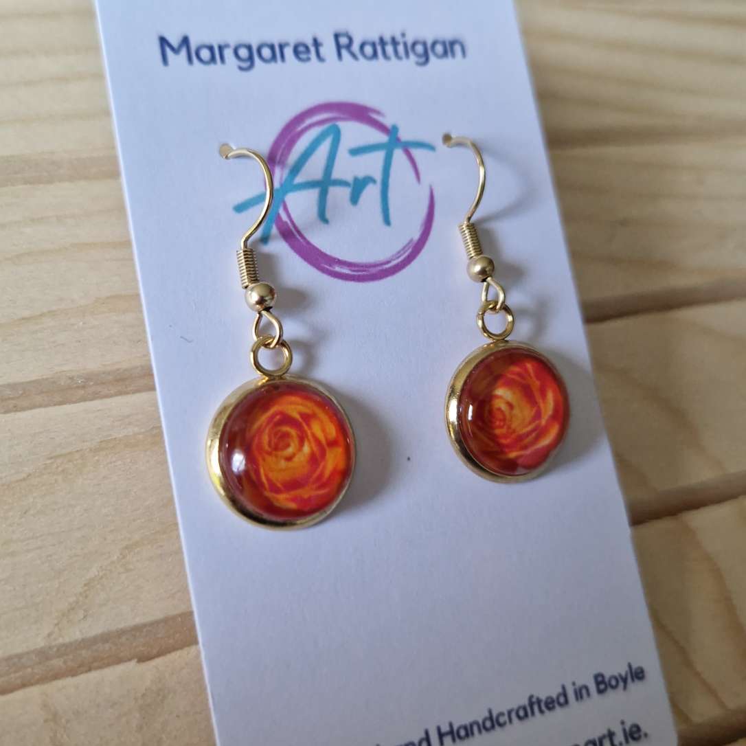 Orange Rose Art dangle Earrings, 18ct gold plated.