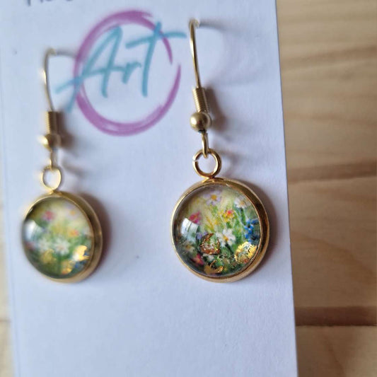 Glitter Gardens  Art dangle Earrings, 18ct gold plated.