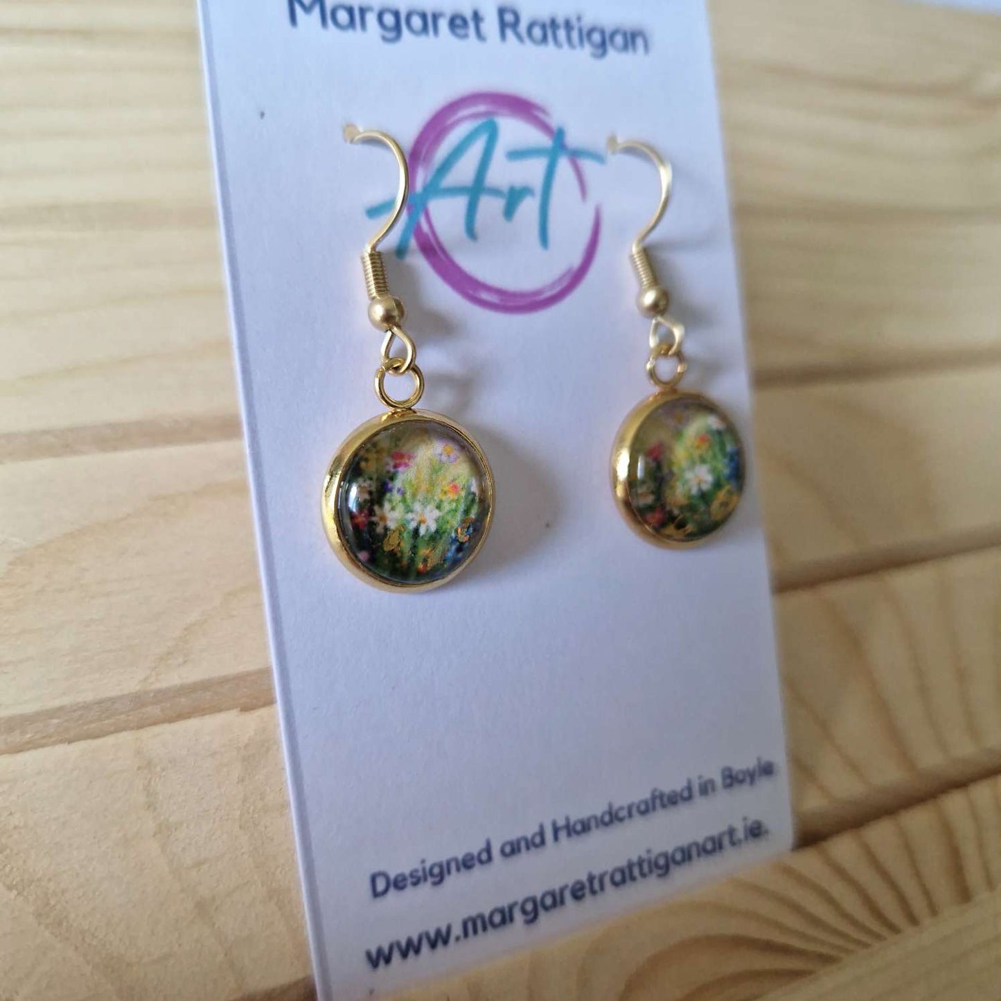 Glitter Gardens  Art dangle Earrings, 18ct gold plated.