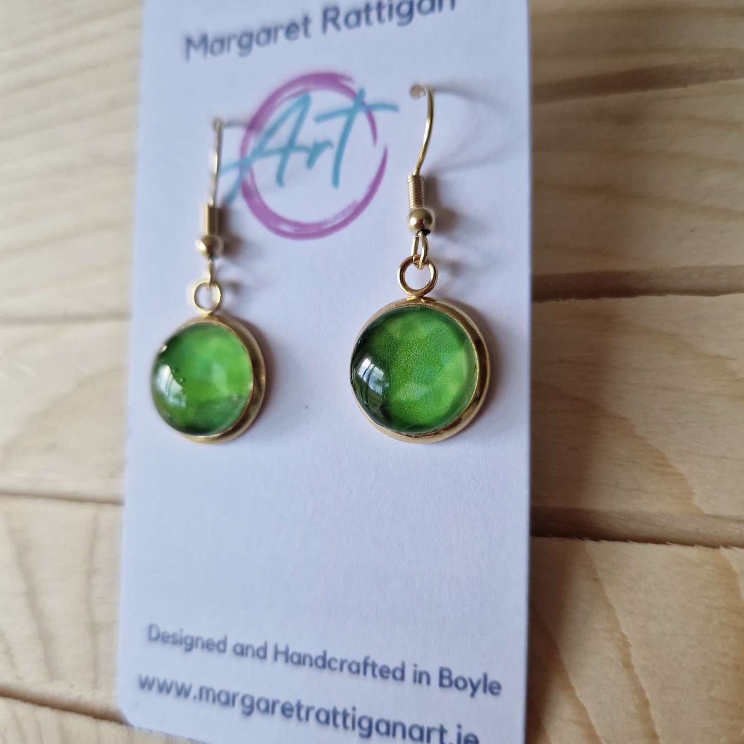 Emerald green Art dangle Earrings, 18ct gold plated.