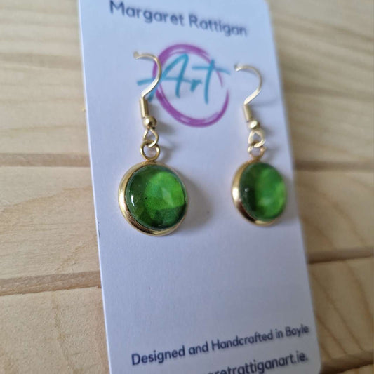 Emerald green Art dangle Earrings, 18ct gold plated.