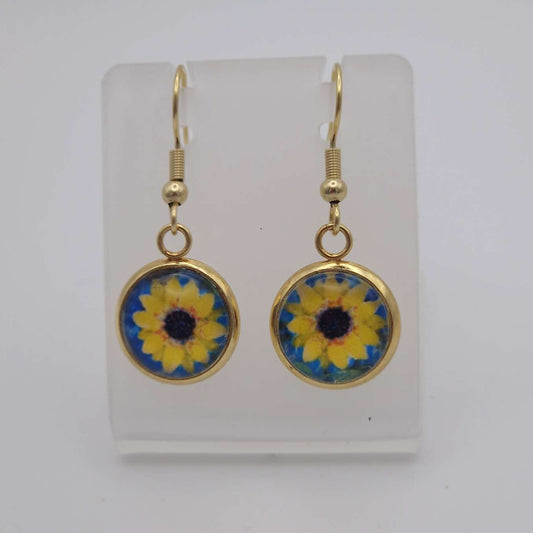 sunflower on blue dangle earring gold plated.