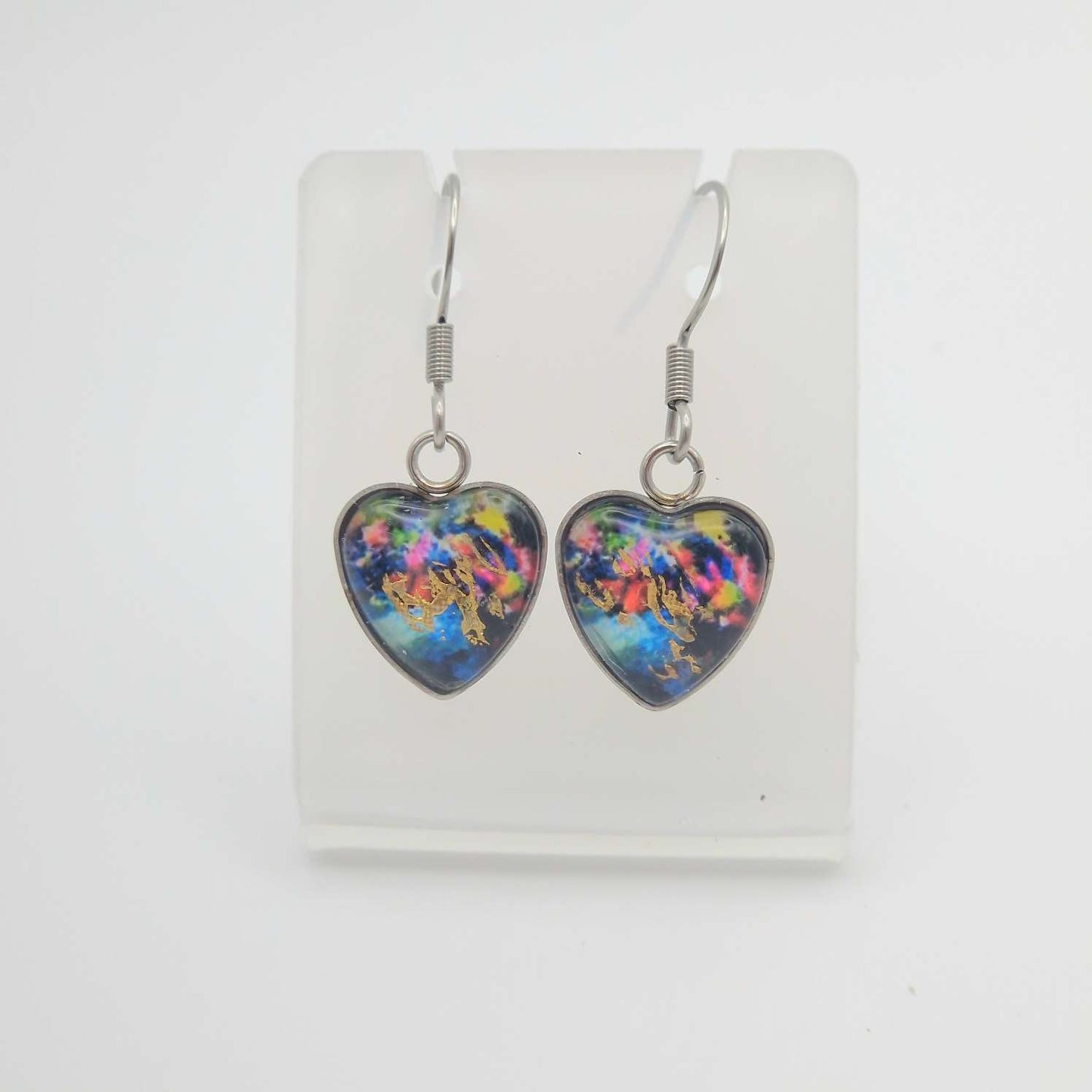 "midnight garden "  Heart shaped glass Art Earrings.