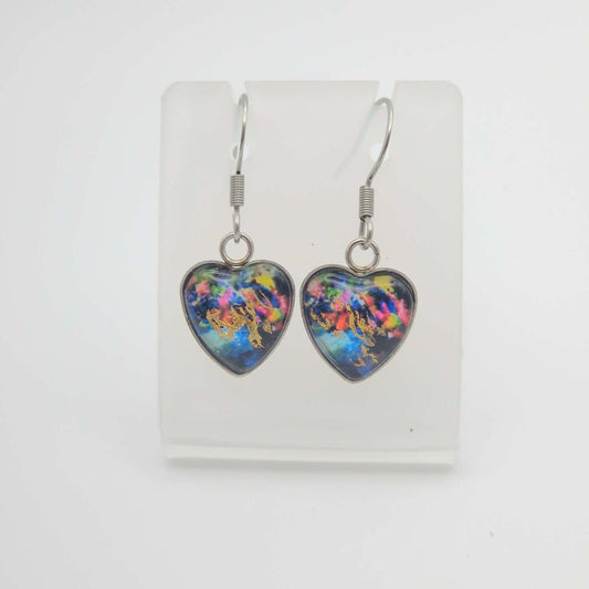 "midnight garden "  Heart shaped glass Art Earrings.