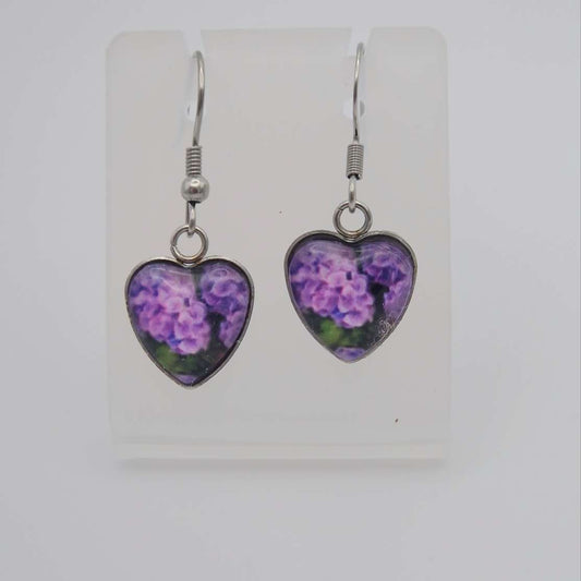 "lilac hydrangeas"  Heart shaped glass Art Earrings.