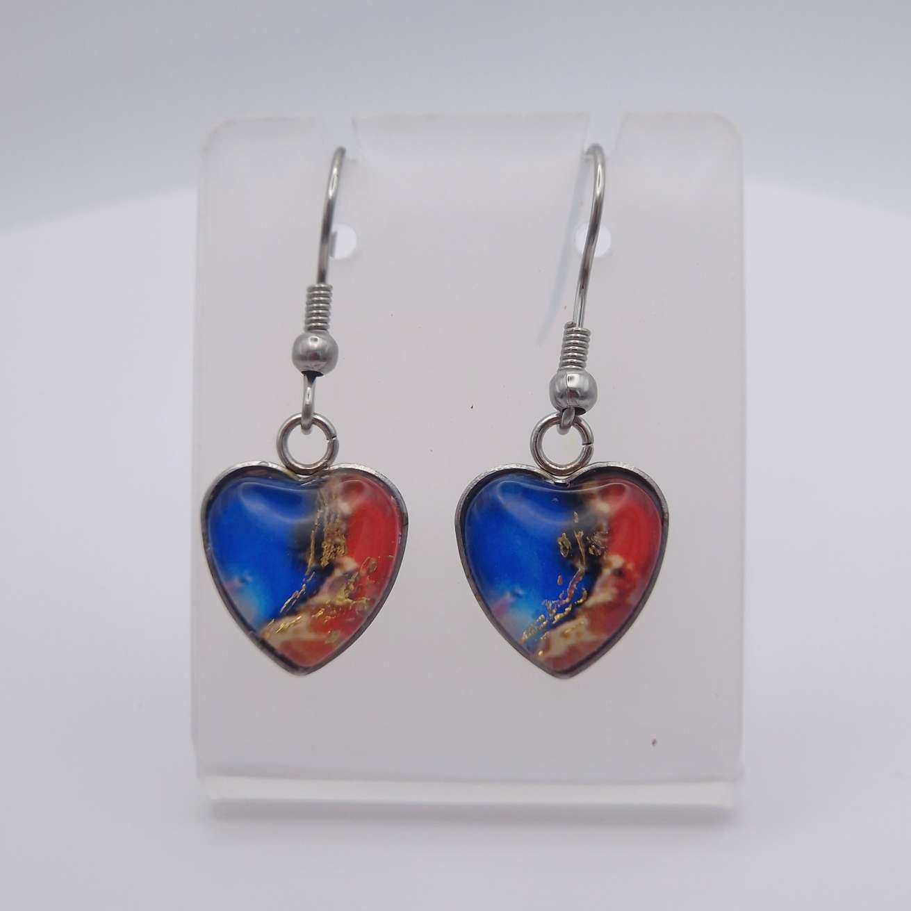 "Red and blue with gold accents " Heart shaped glass Art Earrings.