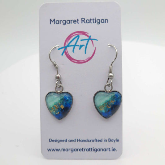 "midnight aqua with a touch of gold leaf " Heart shaped glass Art Earrings.