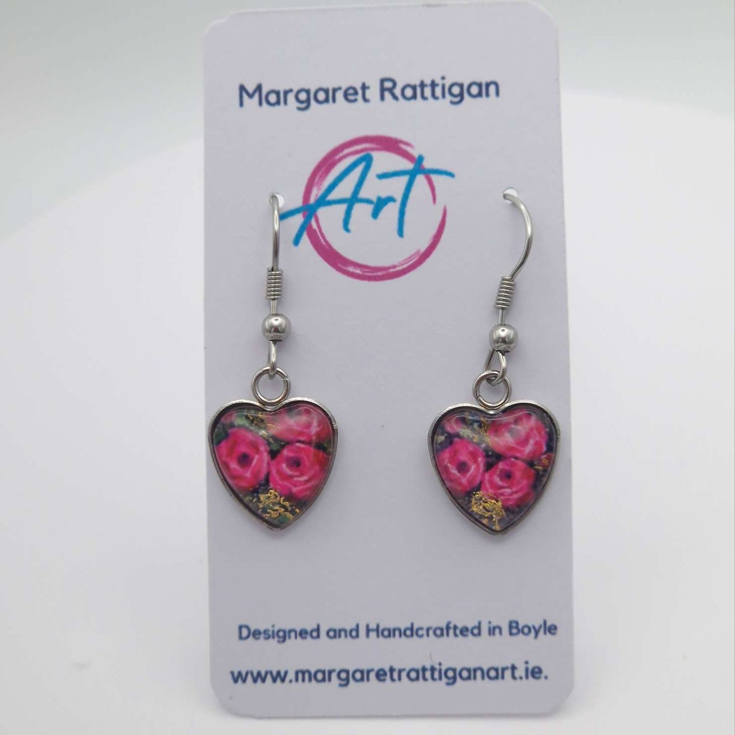 "Heart of roses" Heart shaped glass Art Earrings.