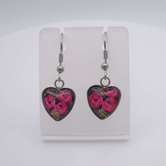 "Heart of roses" Heart shaped glass Art Earrings.