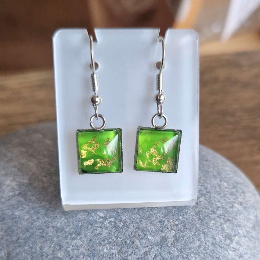 Emerald square, glass Art Drop Earring