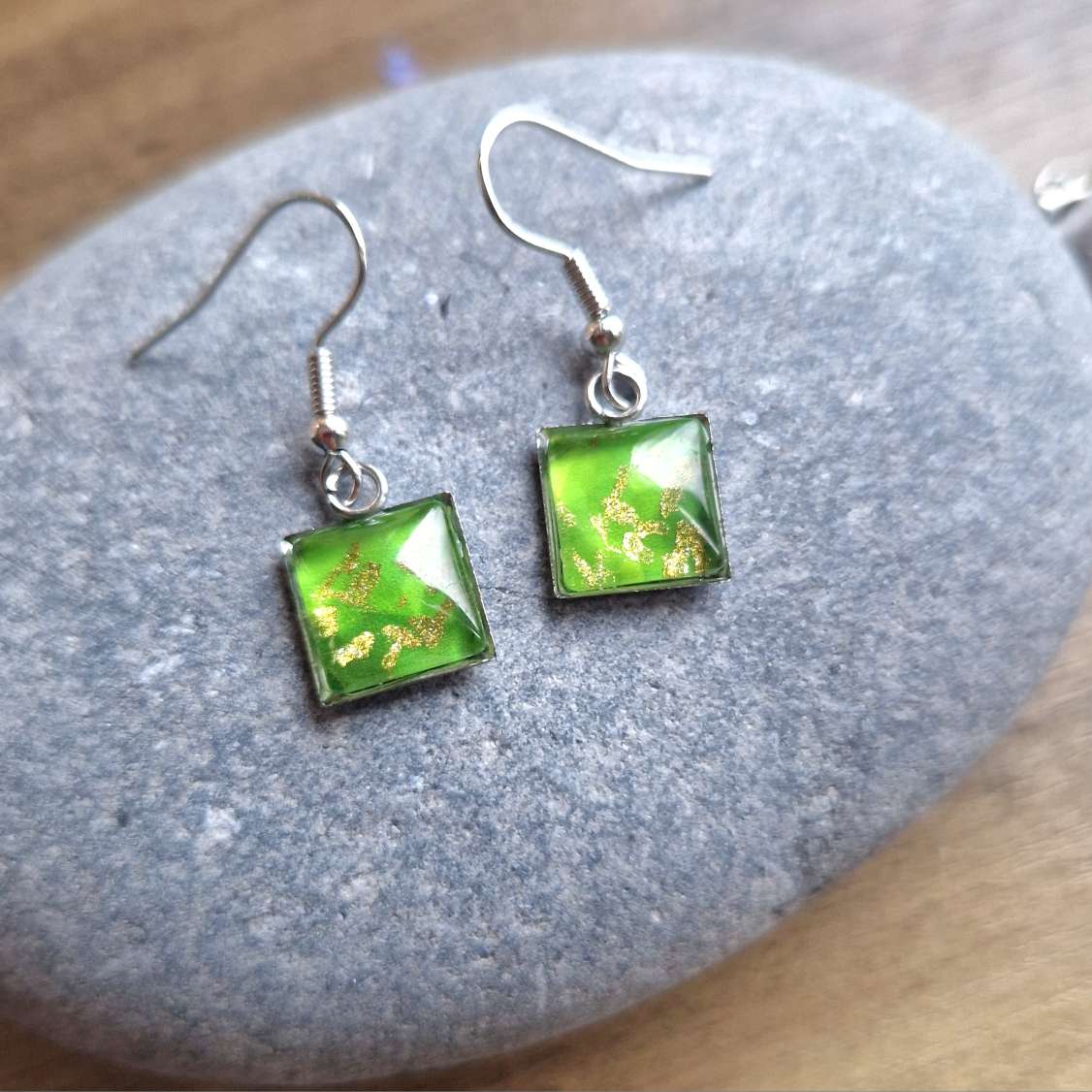 Emerald square, glass Art Drop Earring