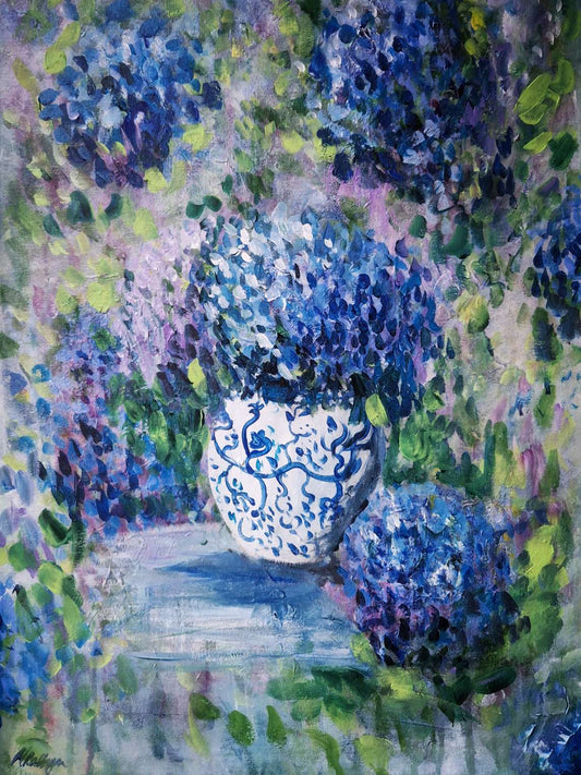 Blue Hydrangeas in blue vase, floral Limited edition print