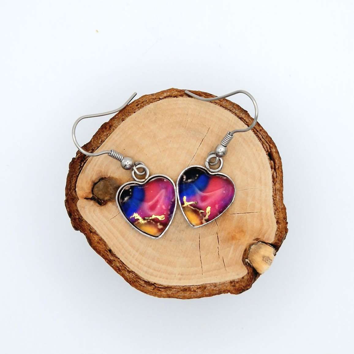 "magenta love " Heart shaped glass Art Earrings.