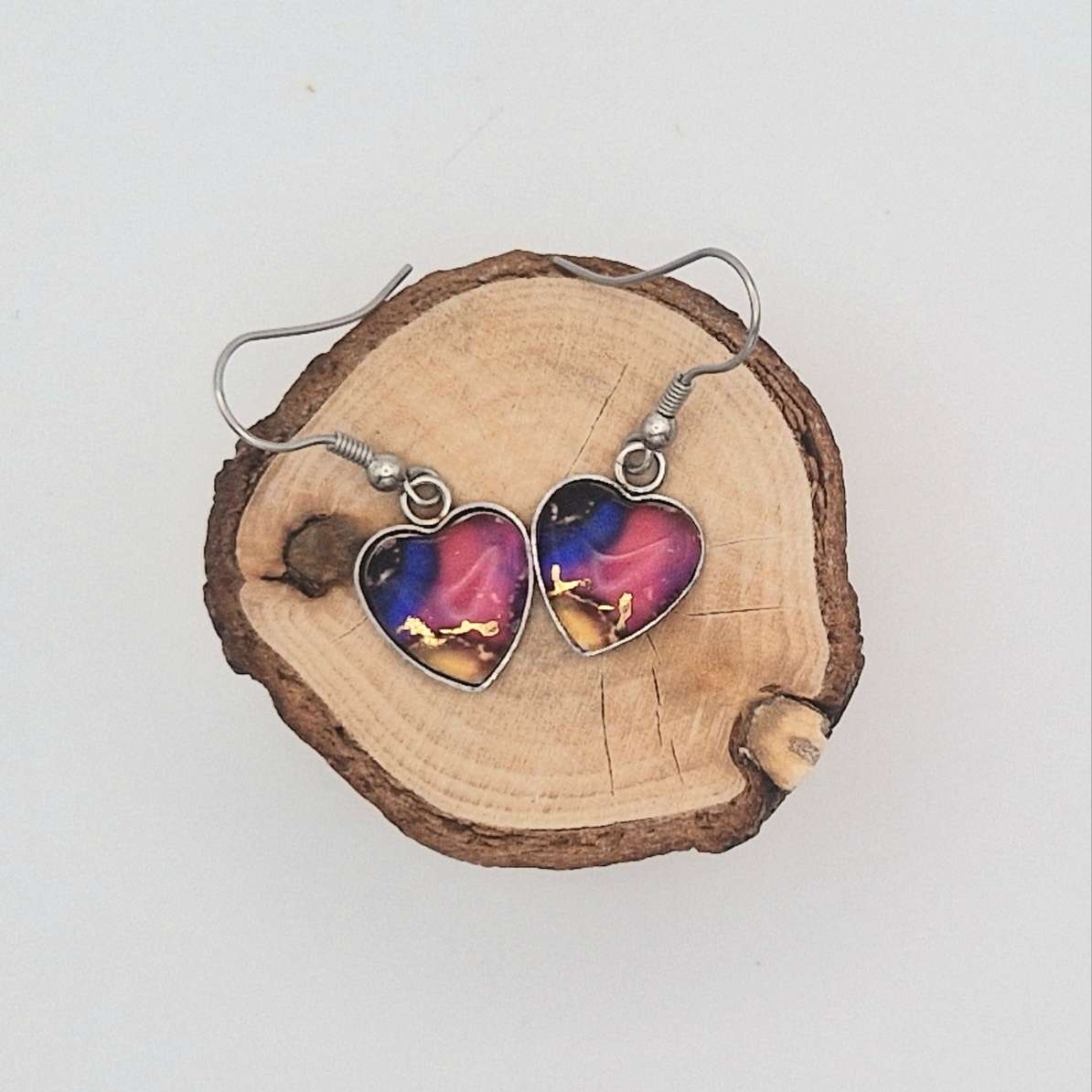 "magenta love  "  Heart shaped glass Art Earrings.