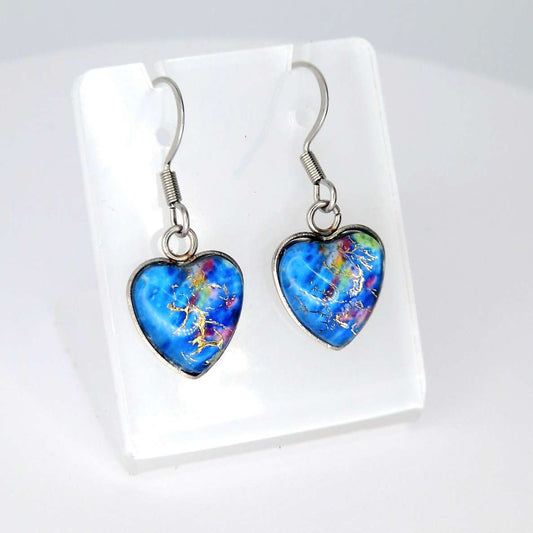 "Summer Rain  "  Heart shaped glass Art Earrings.
