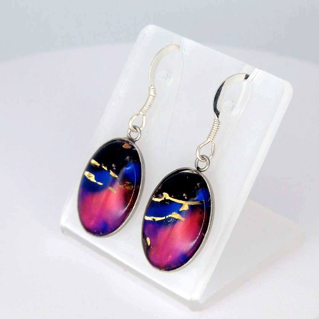 Blues and Pinks oval dangle Art Earrings