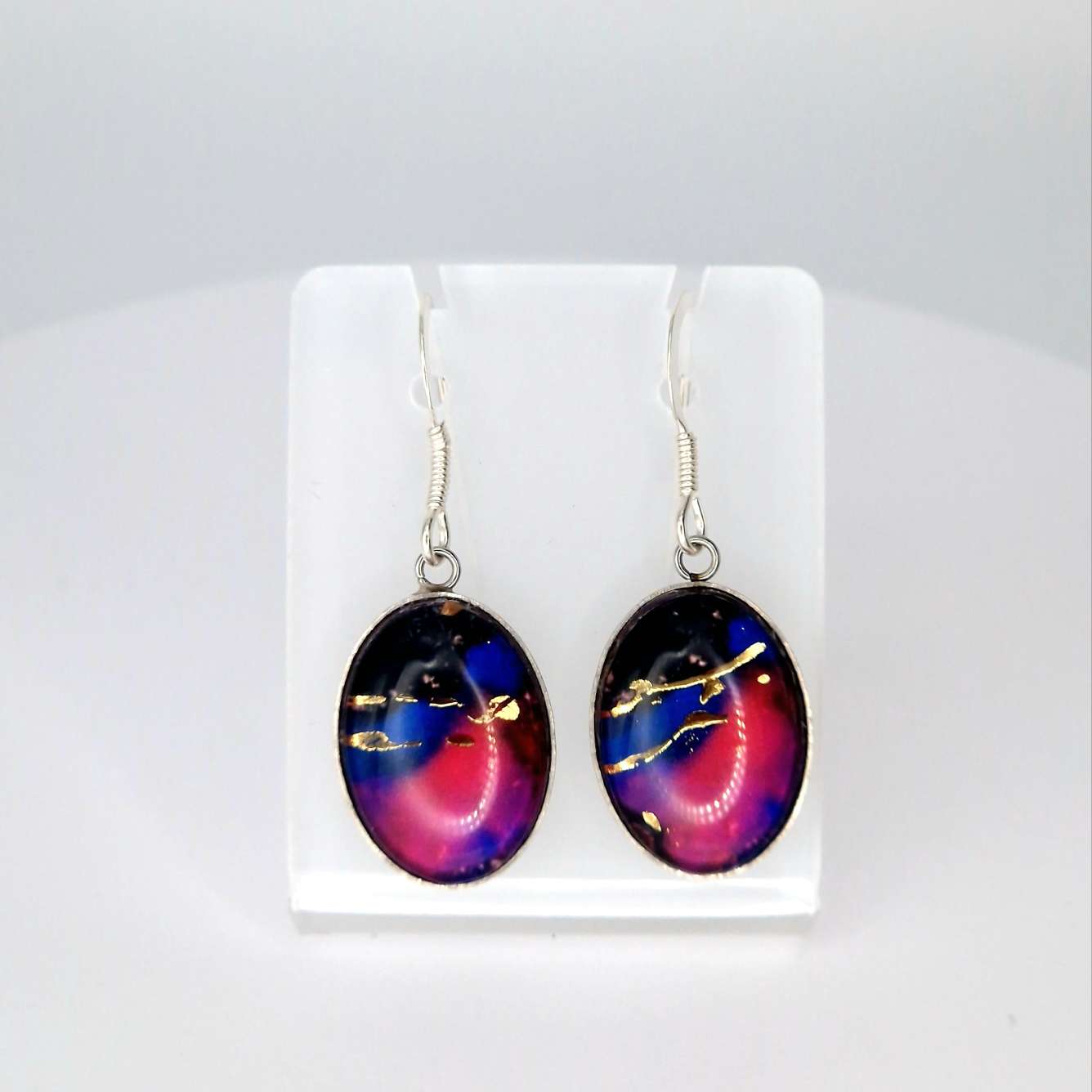 Blues and Pinks oval dangle Art Earrings