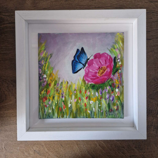 Blue butterfly on pink flower original painting