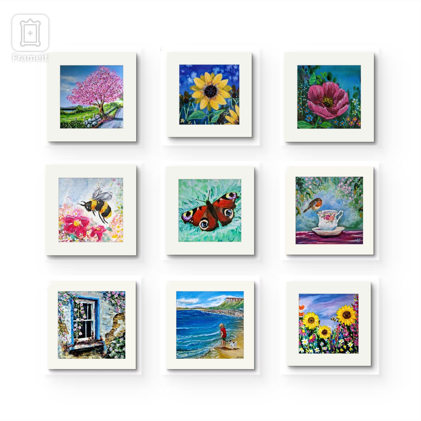 Wildlife and floral collection of Small Framed prints. 7" x7" white wooden frames. Comes with a mini easel for display purposes.