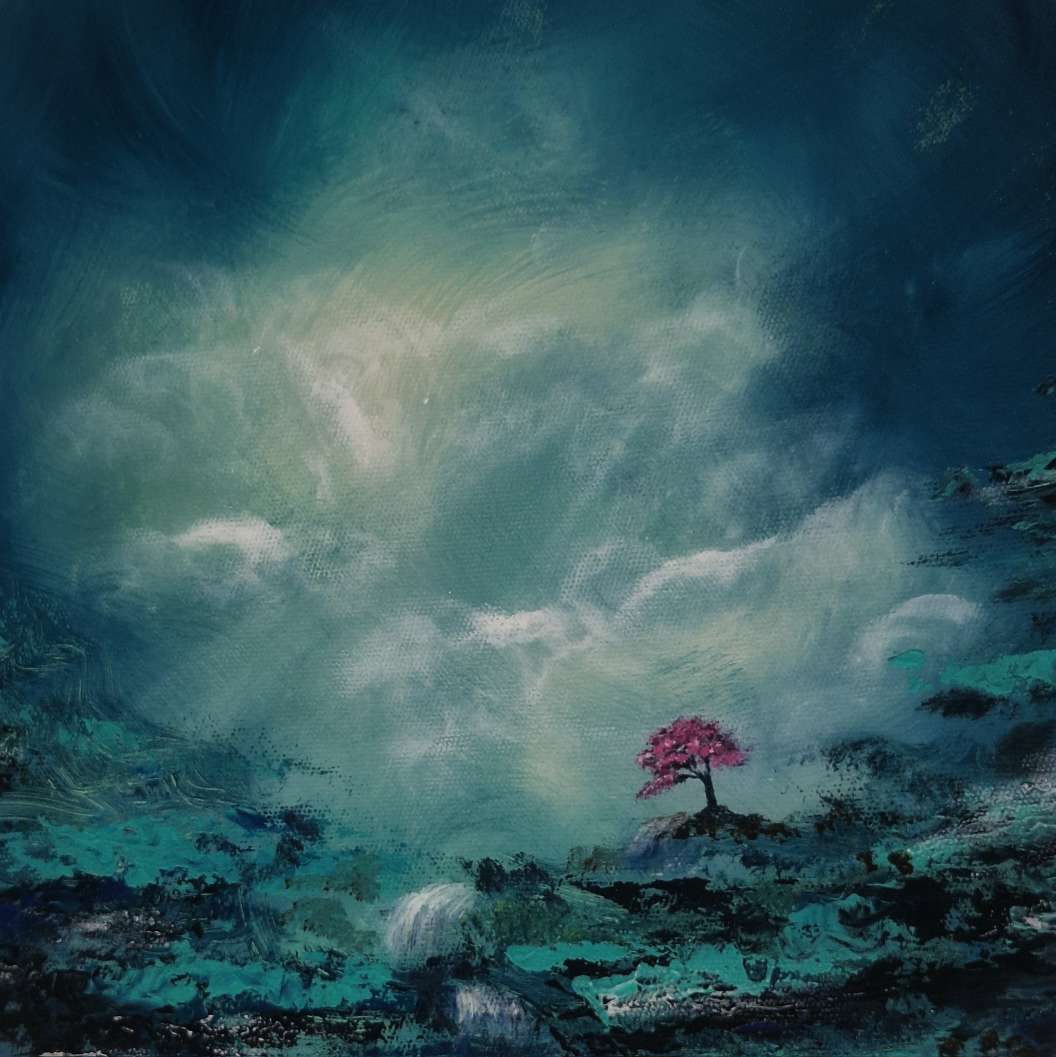 Fleeting moment, limited edition print featuring a cherry blossom tree against a moody stormy background