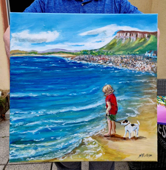 Walking along the beach at Strandhill with Benbulben in the background. County Sligo. Limited edition prints