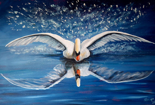 When Time Stands still/An original painting by Margaret Rattigan. This painting captured the beauty of a swan landing on a lake
