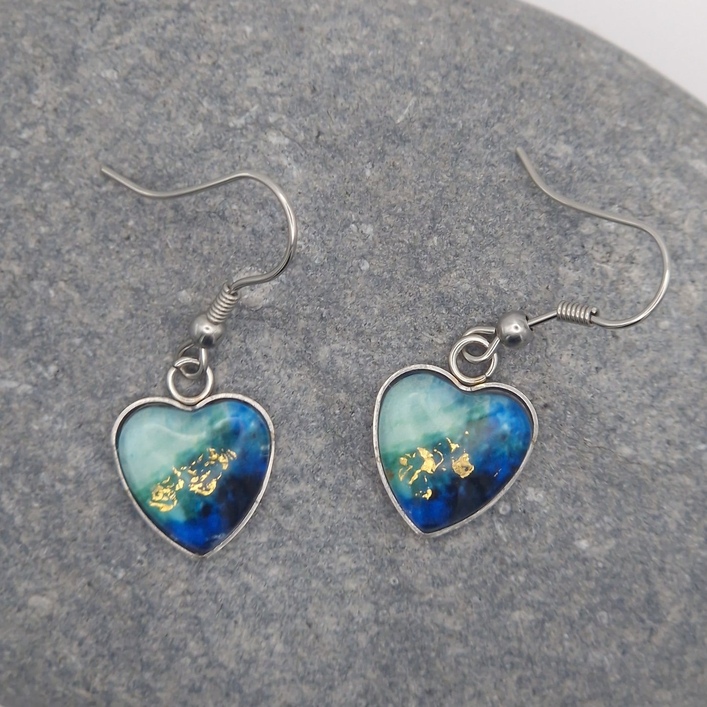 "midnight aqua with a touch of gold leaf " Heart shaped glass Art Earrings.