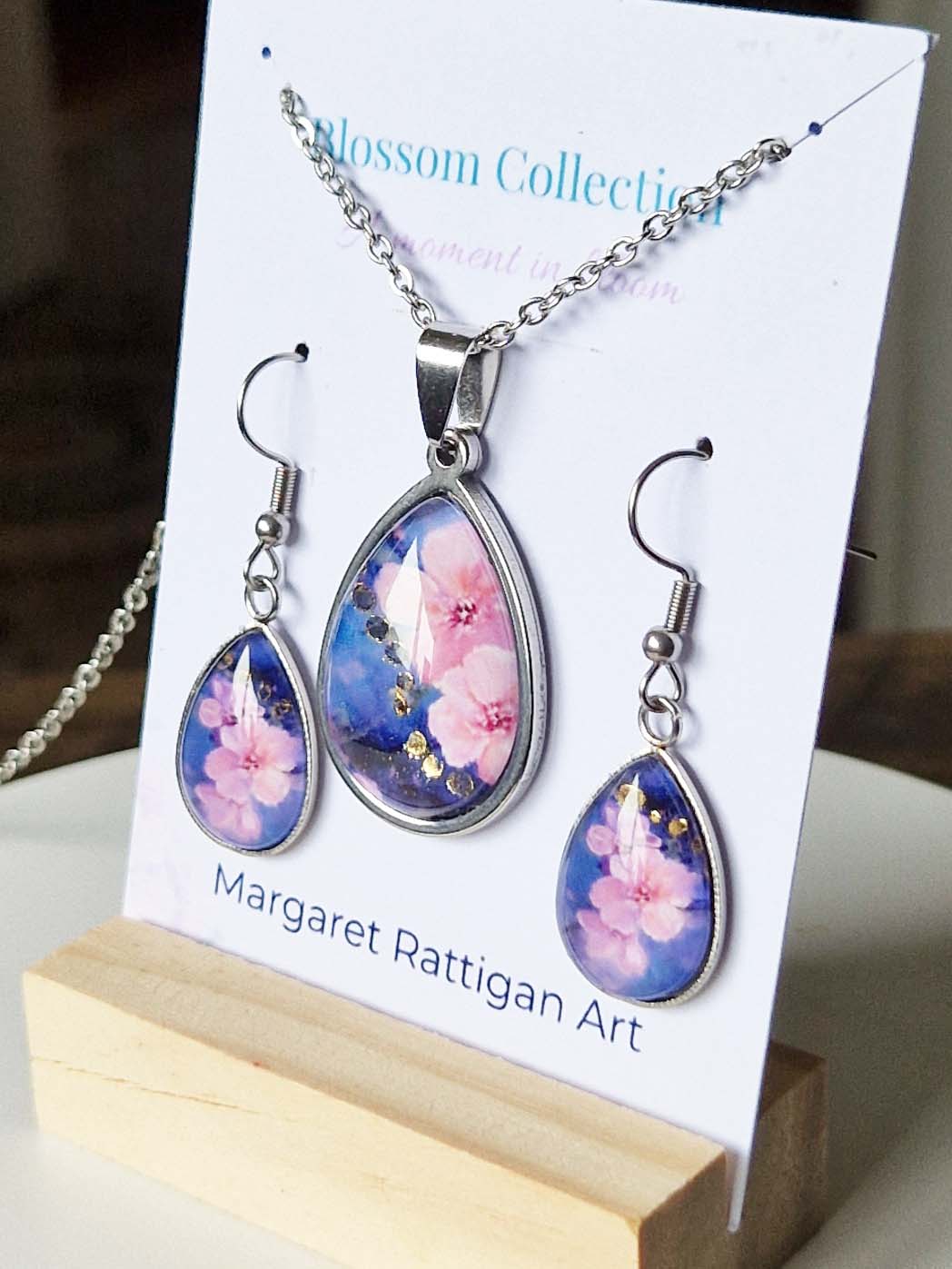 Spring Blossom Art Pendant and Teardrop Earring Set