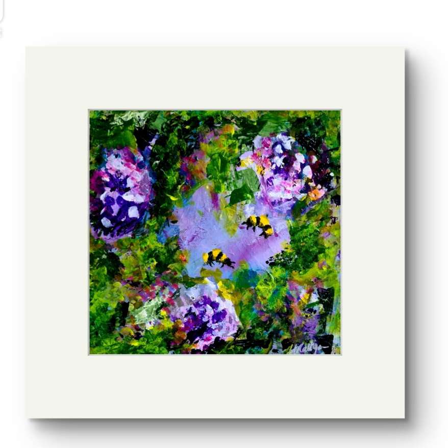 Bees on a purple flower and green background.