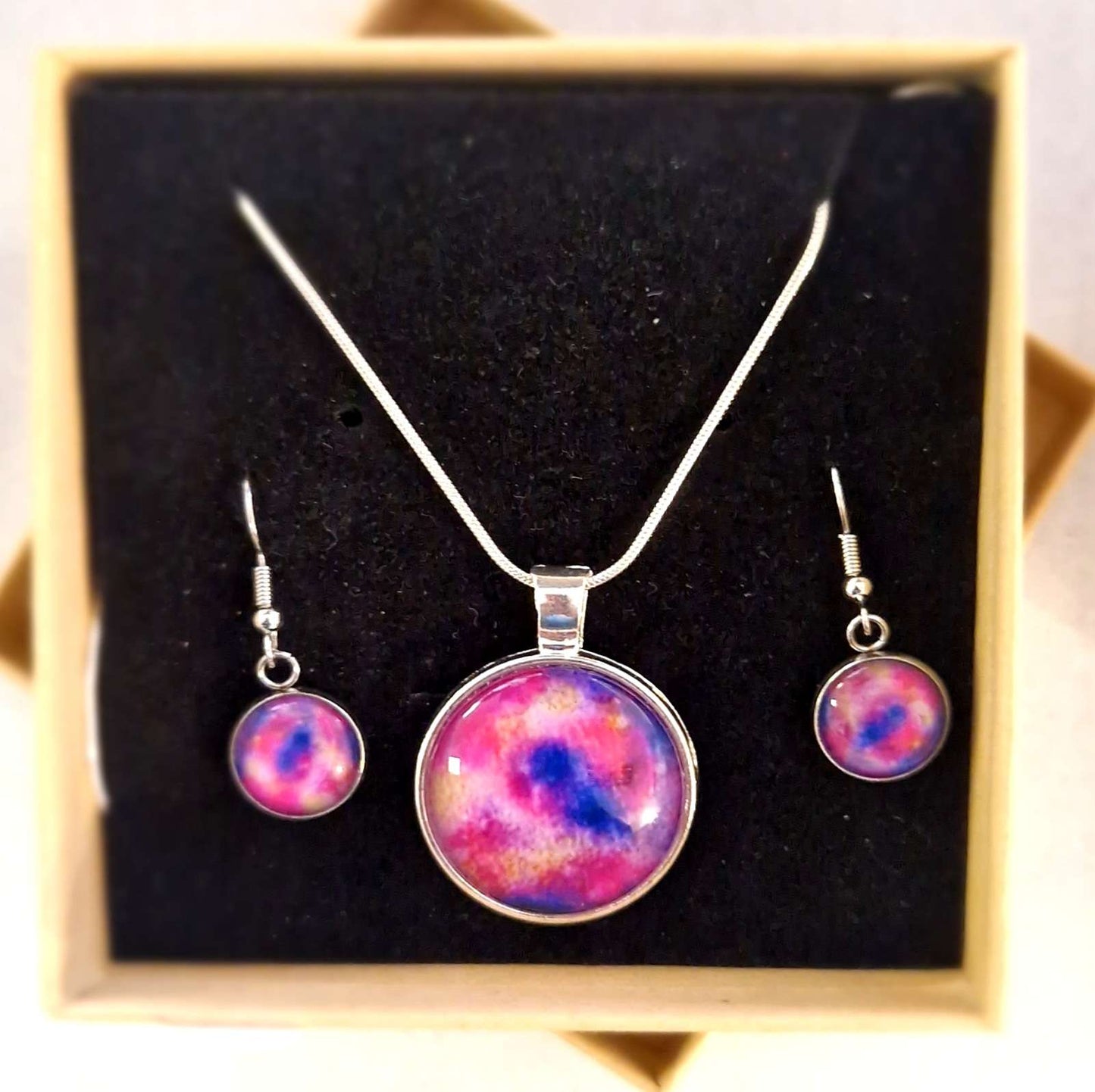 purple moon glass pendant and earrings; fine art jewellery