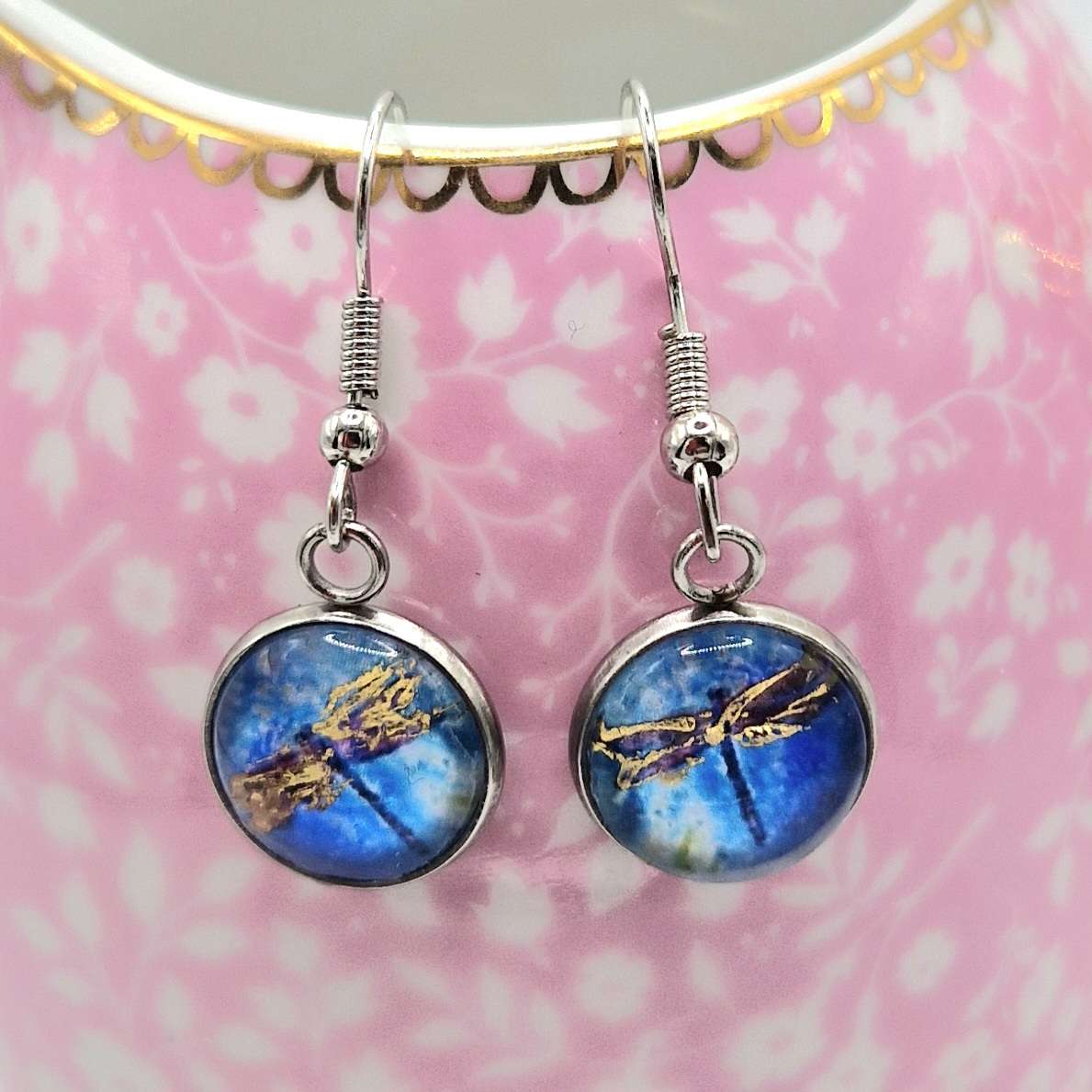 dragonfly blue, with gold finish drop Earrings,