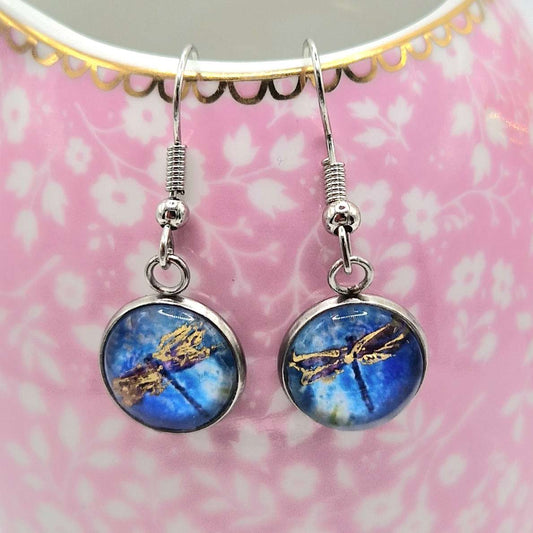 dragonfly blue, with gold finish drop Earrings,