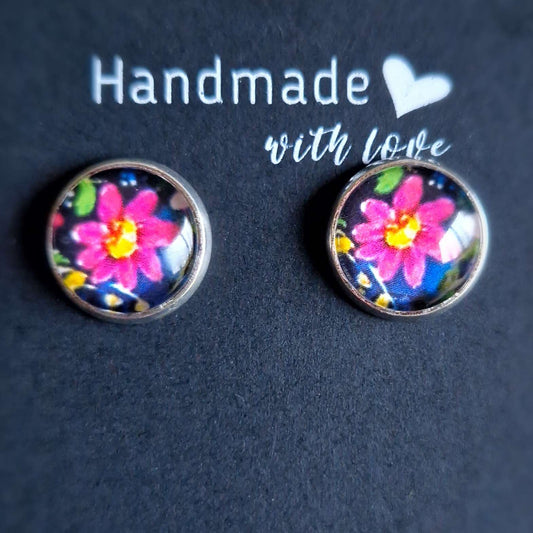 Pink daisy stud earrings, stainless steel