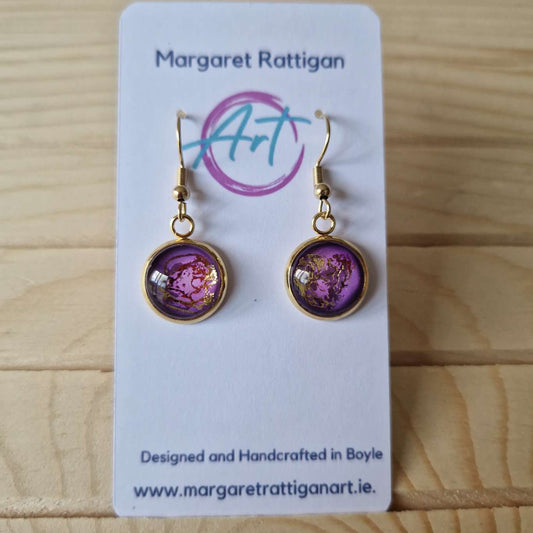 Purple gold Art dangle Earrings, 18ct gold plated.