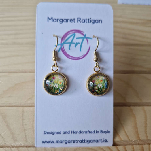 Glitter Gardens  Art dangle Earrings, 18ct gold plated.