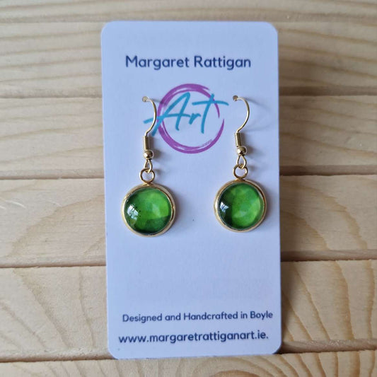 Emerald green Art dangle Earrings, 18ct gold plated.