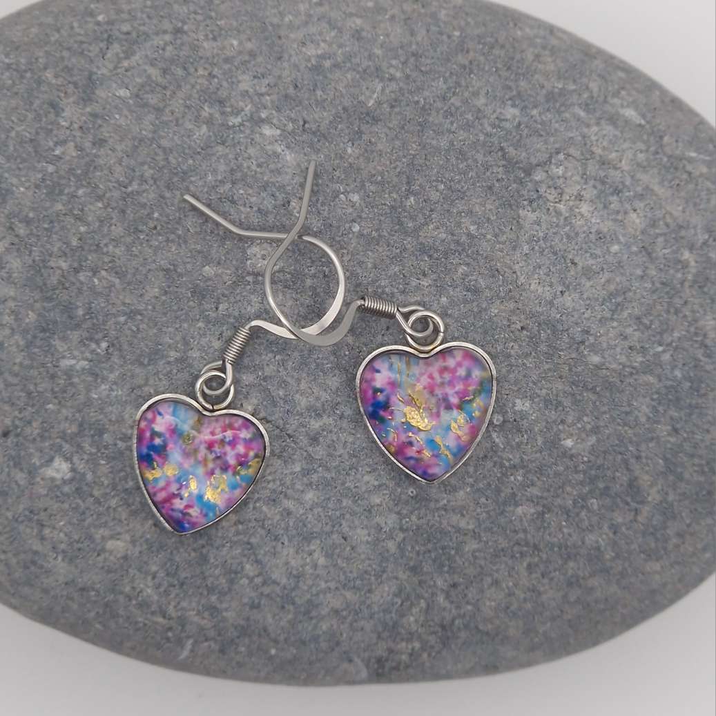 "A touch of spring"  glass heart shaped Art Earrings.