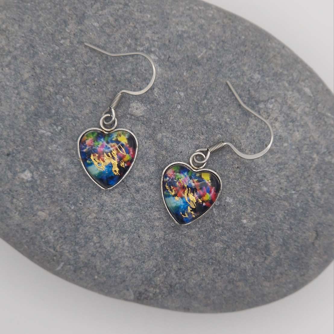 "midnight garden "  Heart shaped glass Art Earrings.