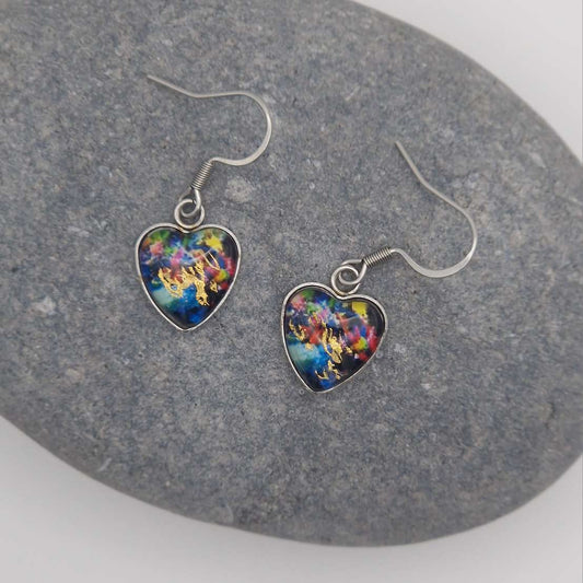 "midnight garden "  Heart shaped glass Art Earrings.
