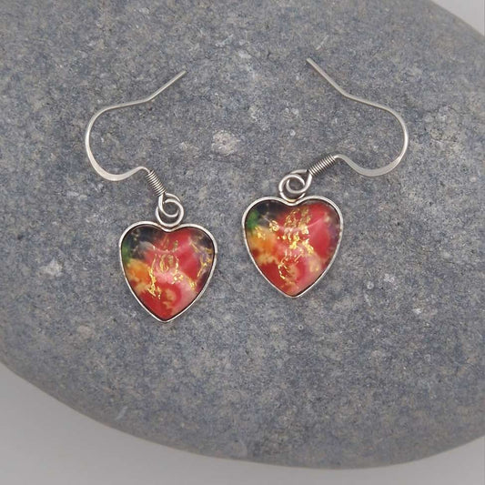 "Red Fire "  Heart shaped glass Art Earrings.