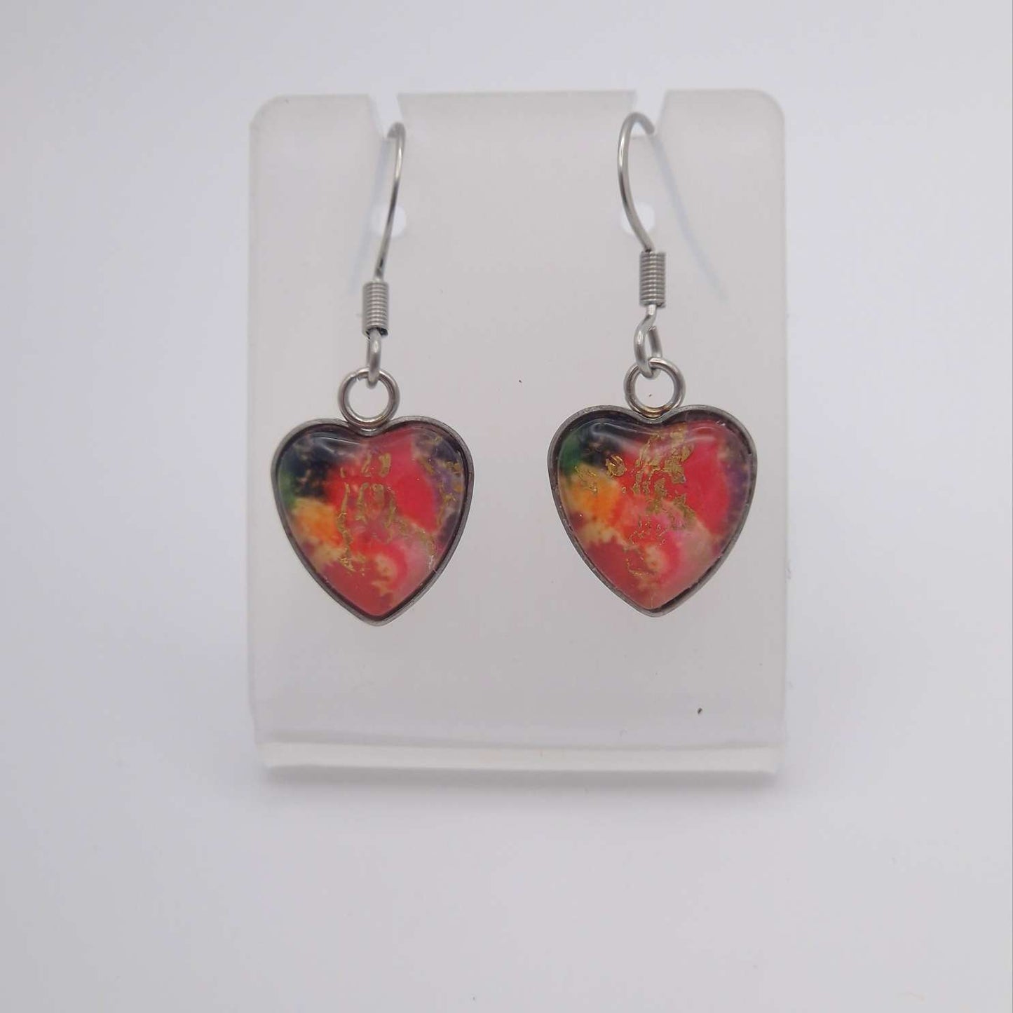 "Red Fire "  Heart shaped glass Art Earrings.
