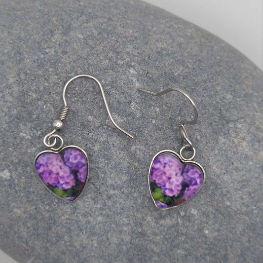 "lilac hydrangeas"  Heart shaped glass Art Earrings.