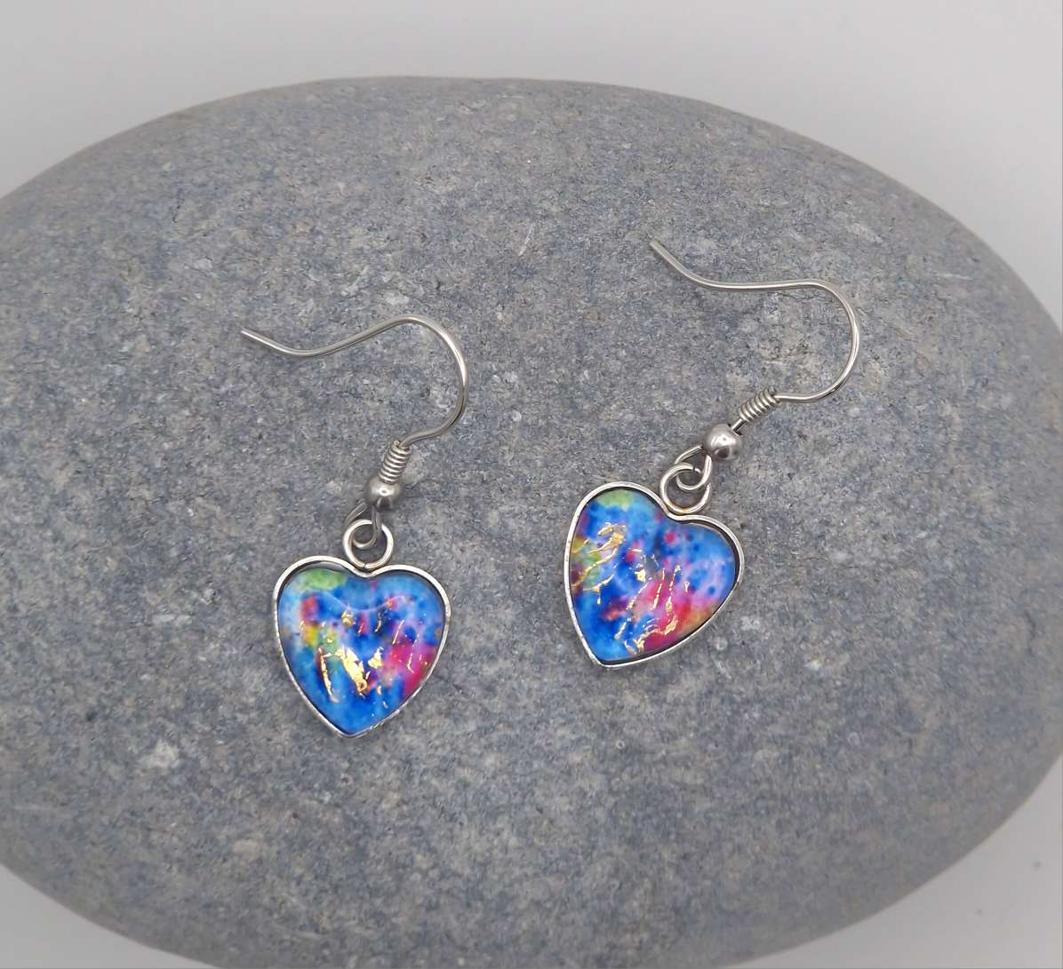 "Summer Rain  "  Heart shaped glass Art Earrings.