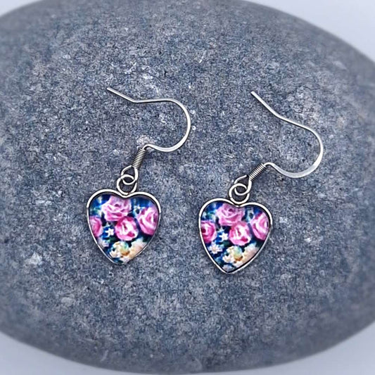"pink roses and daisy love"  Heart shaped glass Art Earrings.