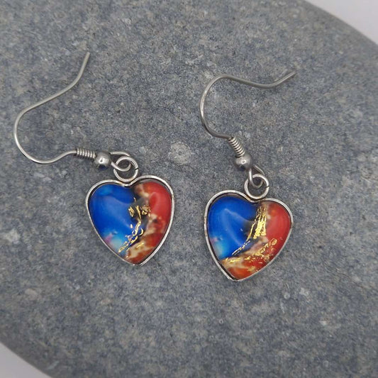 "Red and blue with gold accents " Heart shaped glass Art Earrings.