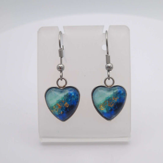 "midnight aqua with a touch of gold leaf " Heart shaped glass Art Earrings.